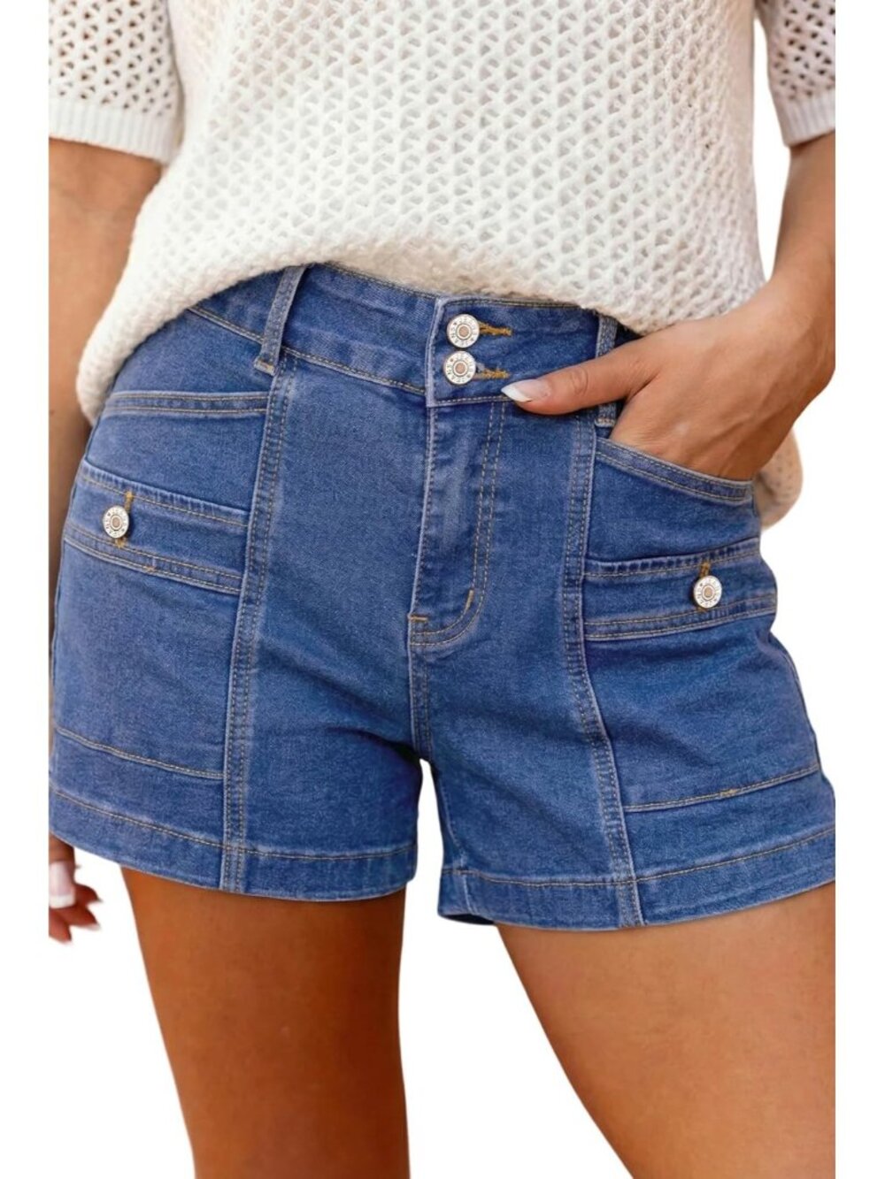 Women's Sail Blue High Waisted Stretchy Shorts Double Button Denim Jean Shorts